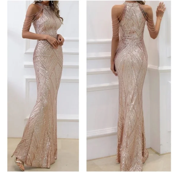 Luxe Sequin Champagne Halter Evening Party Wedding Bodycon Gown Dress - Picture 9 of 9